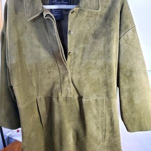 Terry Lewis classic luxuries leather tunic, small, olive green. Pullover,